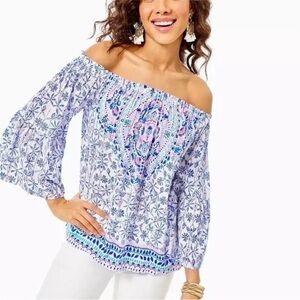 Lilly Pulitzer Off-Shoulder Blouse in Blue and Pink